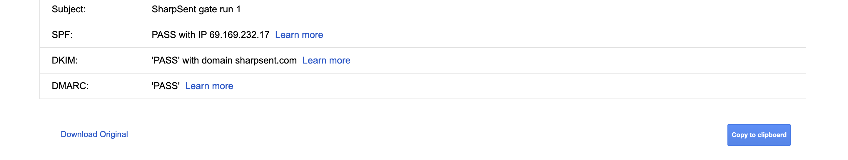 Gmail shows SPF, DKIM and DMARC all passing for an email sent from sharpsent.com